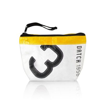Thermal Beauty Bag In Tyvek - White/Yellow Color - Blue Zip Puller. Dimensions: 22 x 15 x 8 cm