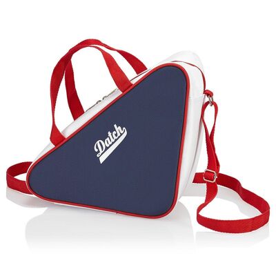 Triangular thermal bag with double handle and adjustable shoulder strap - Blue/White/Red color - Shiny silver metal accessories. Dimensions: 24 x 24 x 11 cm