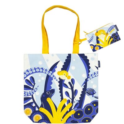 Tote bag and removable pouch printed Octopus Garden 100% organic cotton - Mother's Day