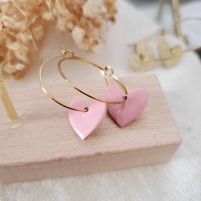 Pendientes aro corazón rosa acero