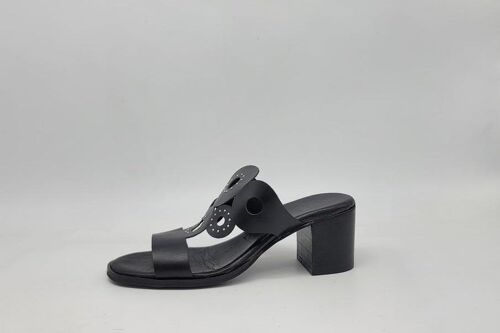 Black Laser-Cut Heeled Sandals with Silver Micro Studs for Spring Summer