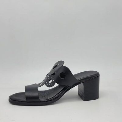 Black Laser-Cut Heeled Sandals with Silver Micro Studs for Spring Summer