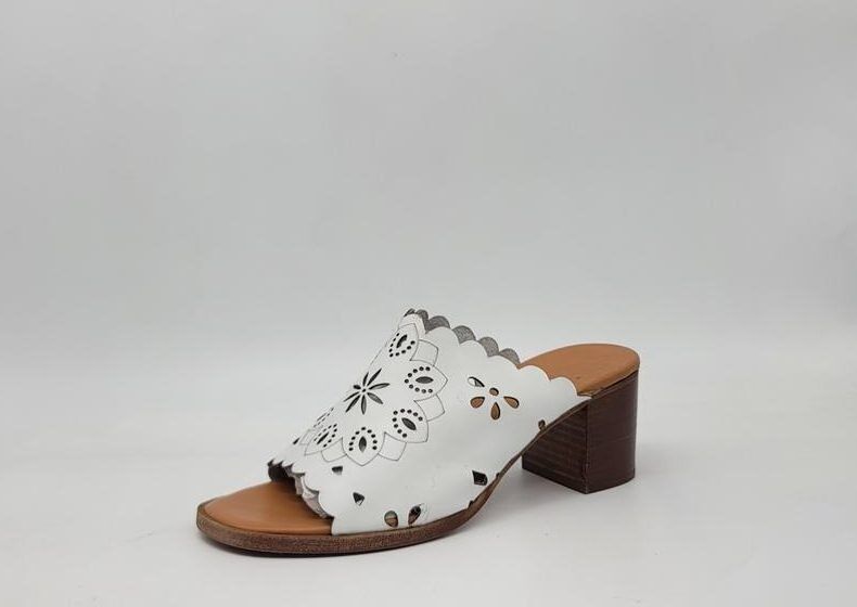 White Laser-Cut Floral Theme Heeled Sandals for Spring Summer