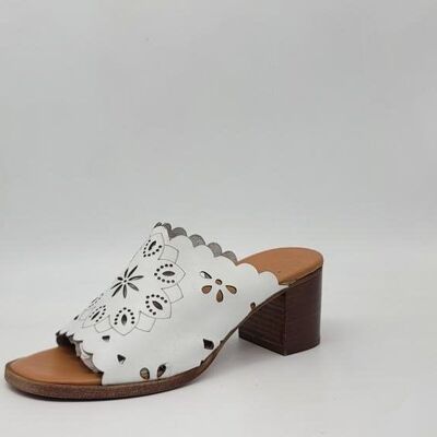 White Laser-Cut Floral Theme Heeled Sandals for Spring Summer