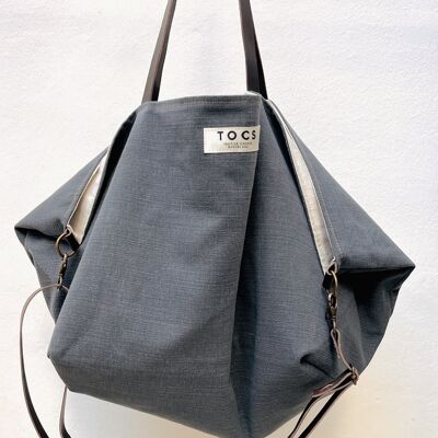 Denim sack bag with leather handles