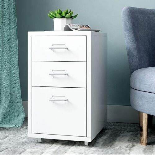 Livingandhome 3 Drawers Metal Filing Cabinet w/ 4 Wheels Compact Under Desk White