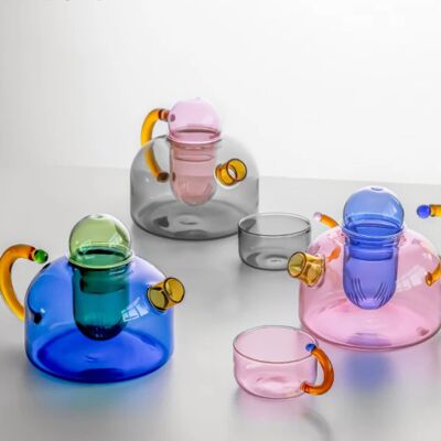 Théière et tasses en verre résistant à la chaleur de couleur contrastée