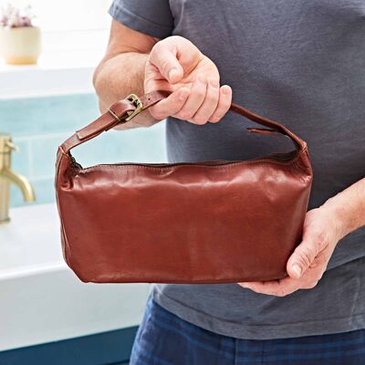 Brown Leather Wash Bag with Strap