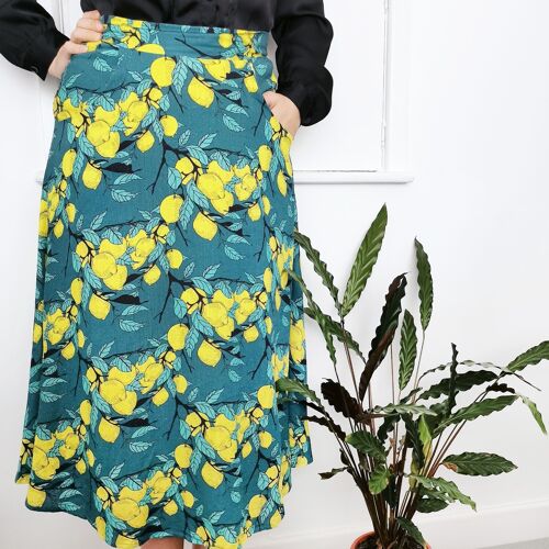Annie Linen Blend Midi Skirt Lemon Print