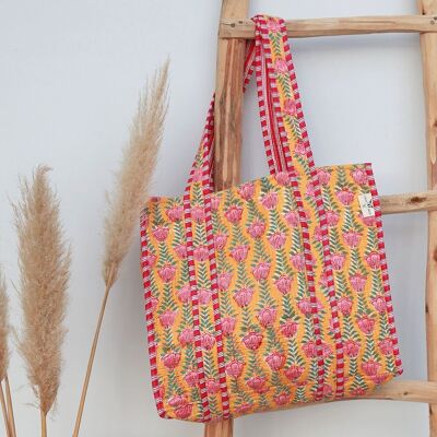 Block print shoulder bag yellow pink