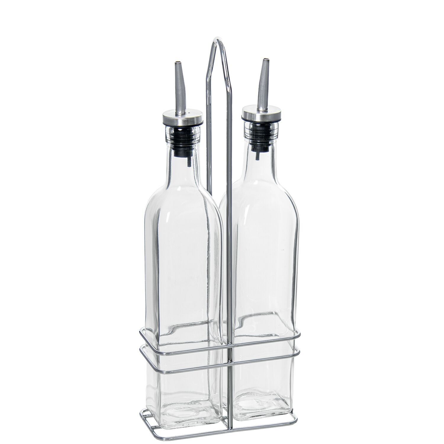 SET VINAGRERAS 2 PZS CRISTAL 250ML C/SOPORTE ACERO INOX. _12X6,5X30CM CU82493