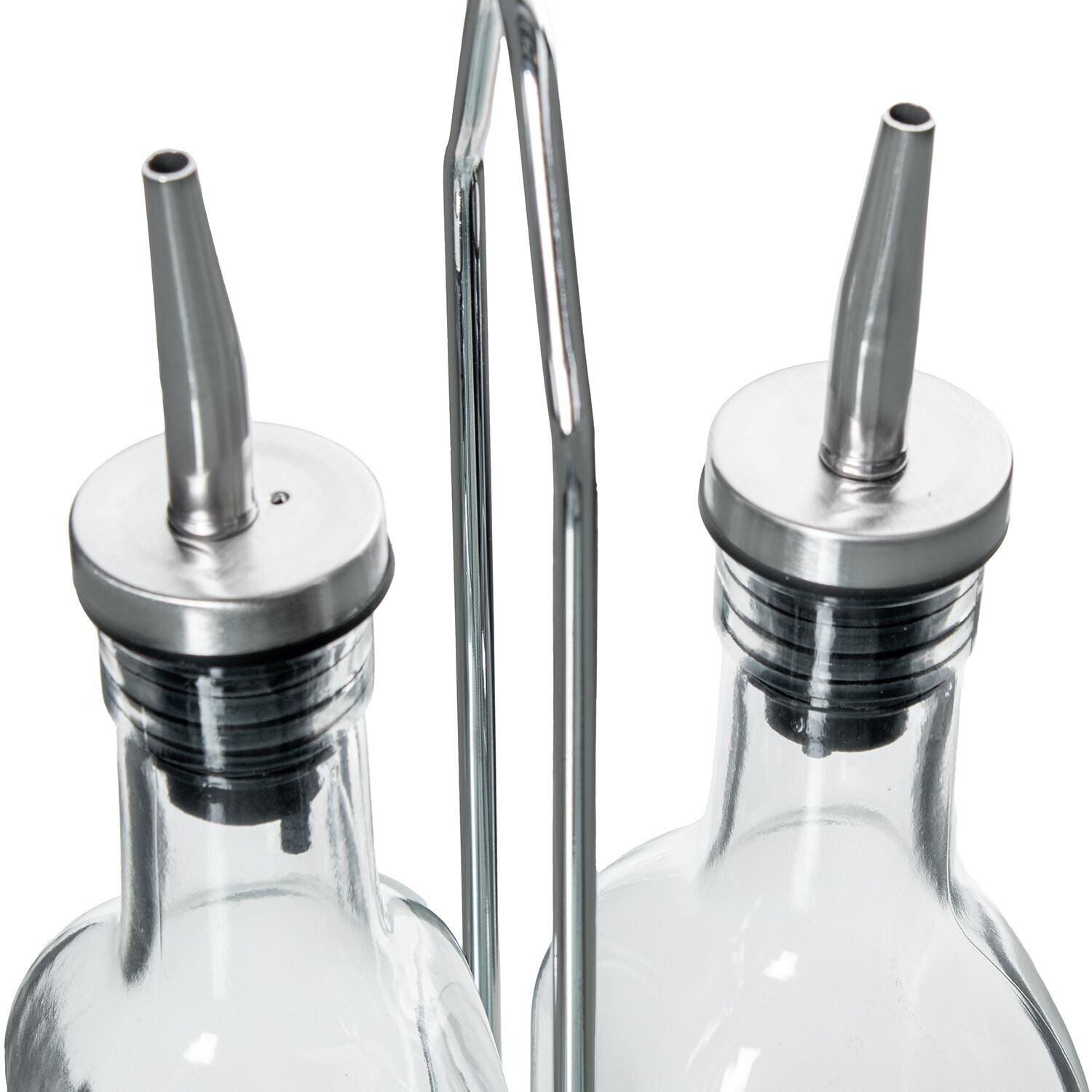 SET VINAGRERAS 2 PZS CRISTAL 250ML C/SOPORTE ACERO INOX. _12X6,5X30CM CU82493
