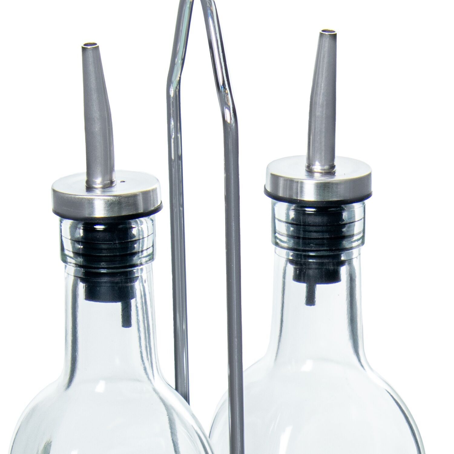 SET VINAGRERAS 2 PZS CRISTAL 250ML C/SOPORTE ACERO INOX. _12X6,5X30CM CU82493