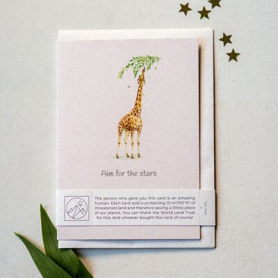 Simpatico biglietto motivazionale con giraffa "Punta alle stelle".