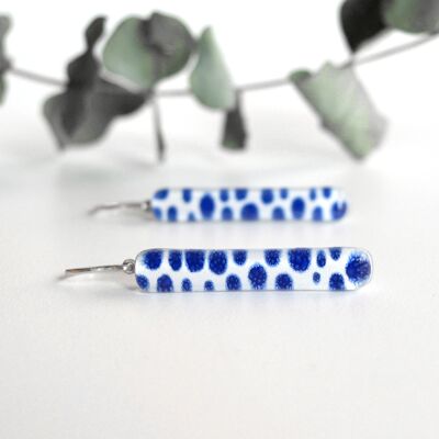 Boucles d'oreilles pendantes à pois bleus, verre et argent sterling 925