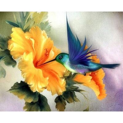 Diamond Painting "Bird with a Flower",  30x20 cm, Square Drills with Frame