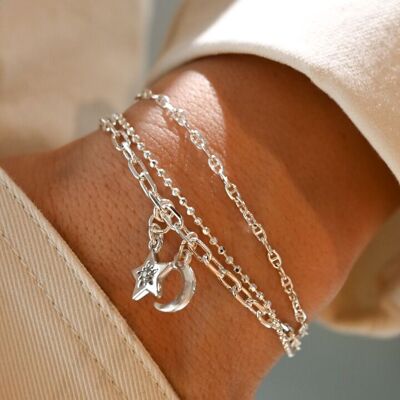 Hélène bracelet, three rows, star and moon charms