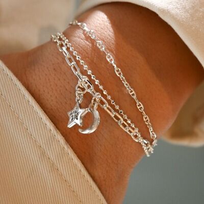 Hélène bracelet, three rows, star and moon charms