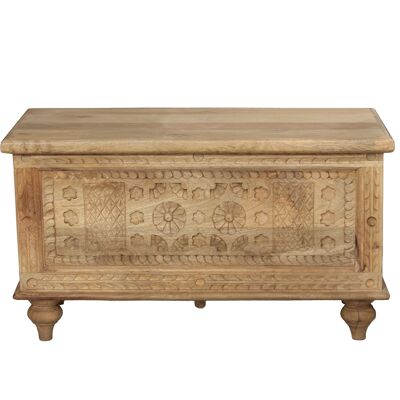 WOODEN BOX CARVED FRONT NATURAL HANDLE W/IRON HANDLES _88X43X50CM INT:81.5X35X34.5CM ST68359