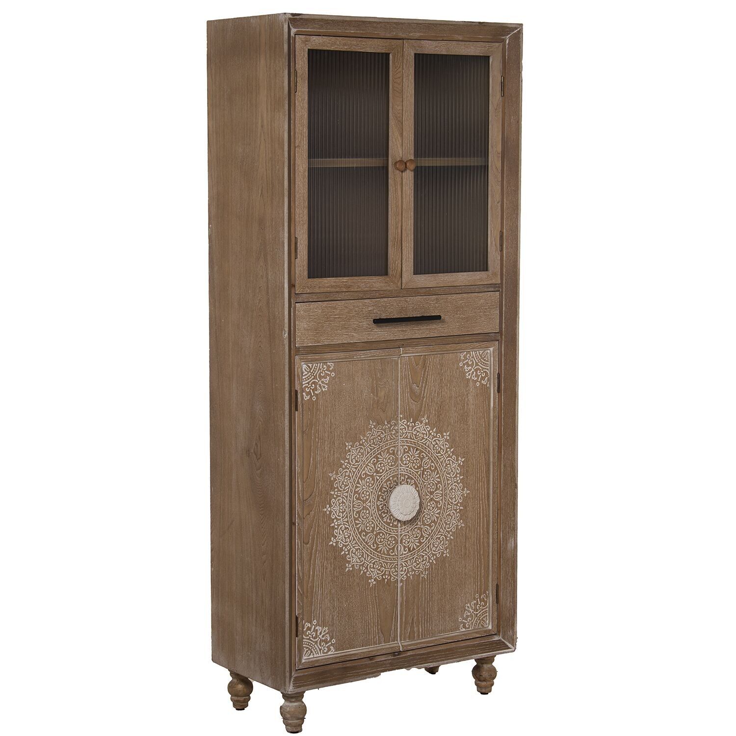 Wooden display cabinet with 4 doors and drawer, natural finish, 70.5x35.5x171cm, fir and MDF st36399
