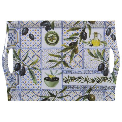 MELAMINE TRAY WITH HANDLES DEC. OLIVES _44X31X5CM, INT:35X24.5CM ST6010