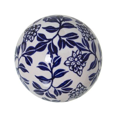 BOULE CERAMIQUE BLANCHE FEUILLE BLEUE °9CM ST51182