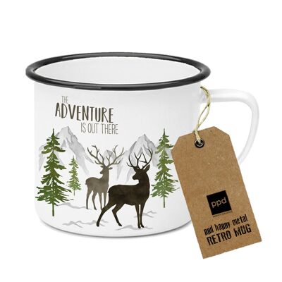 Taza de metal feliz Adventure Deer blanco