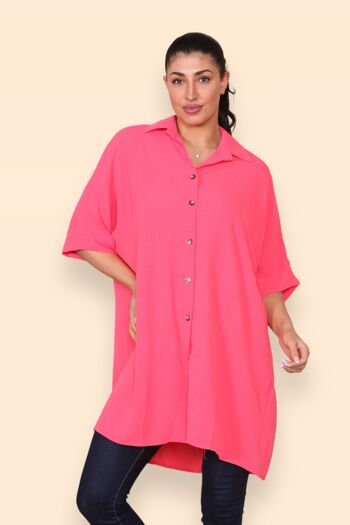 Chemise légère surdimensionnée à col allongé avec dos plissé pour un maximum de confort de mouvement Couleurs unies, grande taille incluse Coupe ample Baggy Manches courtes Épaules tombantes Femme Printemps Eté Boutonné - Convient jusqu'au UK26 9