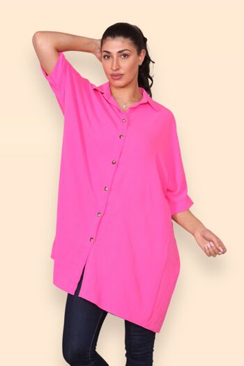 Chemise légère surdimensionnée à col allongé avec dos plissé pour un maximum de confort de mouvement Couleurs unies, grande taille incluse Coupe ample Baggy Manches courtes Épaules tombantes Femme Printemps Eté Boutonné - Convient jusqu'au UK26 10