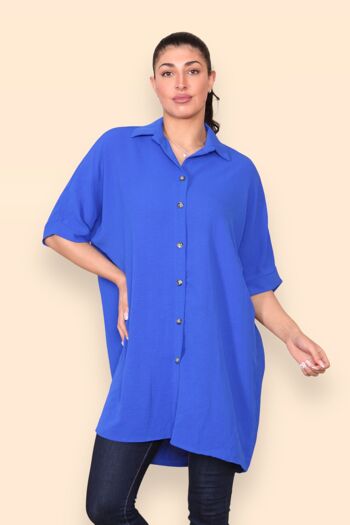 Chemise légère surdimensionnée à col allongé avec dos plissé pour un maximum de confort de mouvement Couleurs unies, grande taille incluse Coupe ample Baggy Manches courtes Épaules tombantes Femme Printemps Eté Boutonné - Convient jusqu'au UK26 17