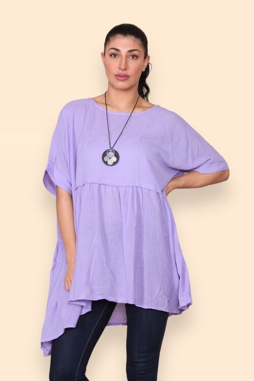Lightweight Soft Top with Flared Bottom Panel_Necklace Included_ Round Crew Neck Women's Fashion Holiday Vacation Beach Spring Summer Viral Plus Size Inclusive Loose Baggy Fit Plain Solid Colours - Fits up to UK30