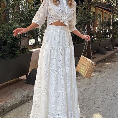 Embroidered crop shirt and long flared skirt set