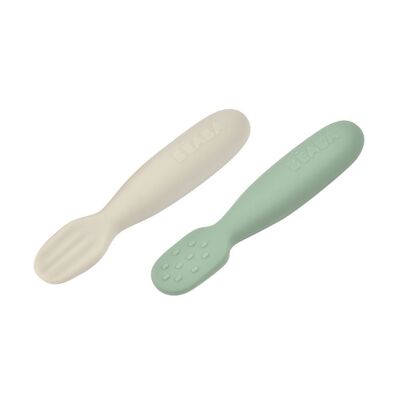 BEABA, Set of 2 silicone pre-spoons - sage green/velvet gray