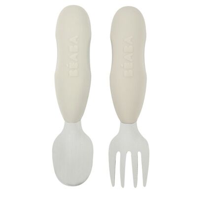 BEABA, Set of 2 stainless steel pre-cutlery - velvet gray