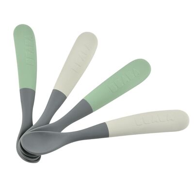 BEABA, Set of 4 1st age silicone spoons two-tone mineral/sage green