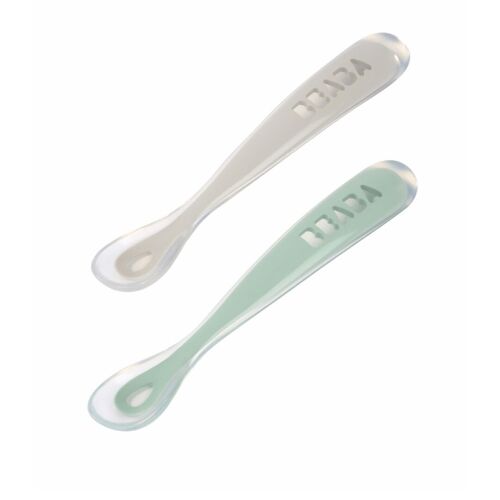 BEABA, Lot de 2 cuillères 1er âge silicone avec boite de transport (velvet grey/sage green)