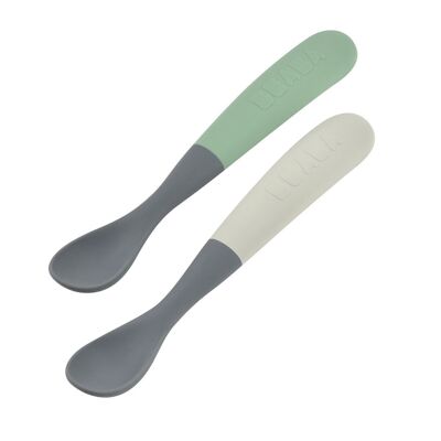 BEABA, Set of 2 1st age silicone spoons two-tone mineral/sage g - (with carrying box)
