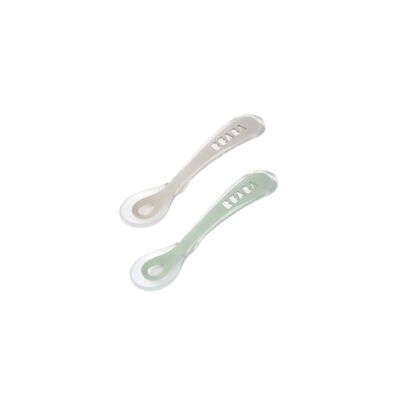 BEABA, Juego de 2 cucharas de silicona para 2ª edad con caja de transporte (gris terciopelo/verde salvia)