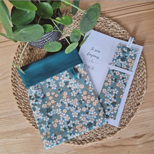 Ensemble Pochette à livre et Marque-page en tissu Coton - Sakura Vert