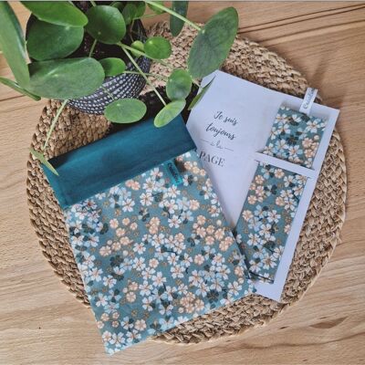 Set de bolsa para libros y marcapáginas en tela de algodón - Sakura Green
