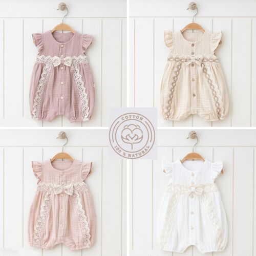 A Pack of Four Sizes 100% Cotton Muslin Natural Lace Dress Style Romper