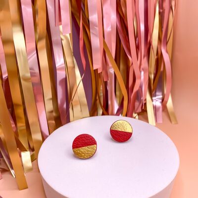 Red & gold leather stud earrings