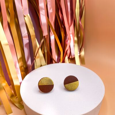 Brown & gold leather stud earrings