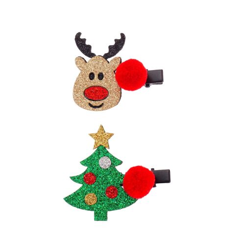 Christmas hair clip "Rudolph and X-mas tree"