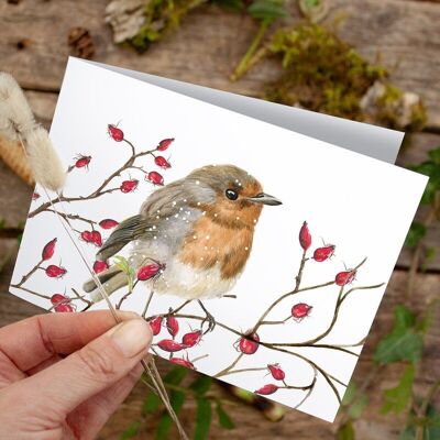 Folding card Christmas robin in winter - PRINTED INSIDE with envelope