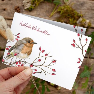 Folding card Christmas robin greetings - PRINTED INSIDE with envelope