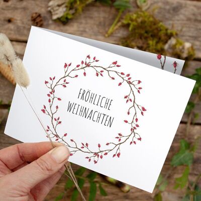 Folding card Christmas rose hips - PRINTED INSIDE with envelope