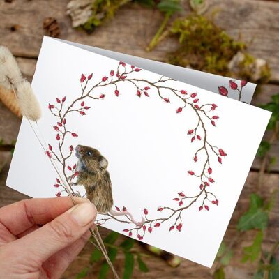 Folding card Christmas mouse in a wreath - PRINTED INSIDE with envelope