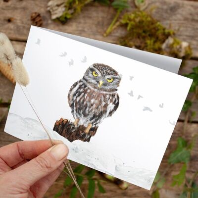 Folding card little owl in the snow - PRINTED INSIDE with envelope