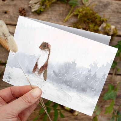 Folding card mouse weasel in the snow - PRINTED INSIDE with envelope